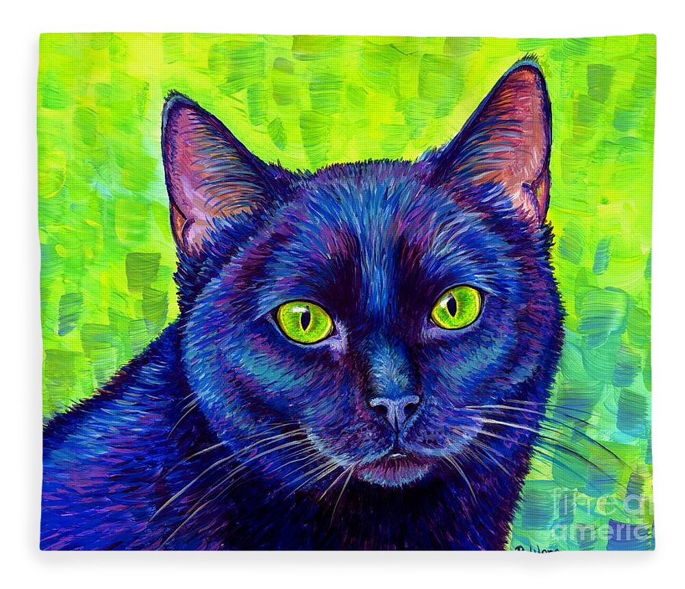 Cat Fleece Blanket featuring the painting Black Cat with Chartreuse Eyes by Rebecca Wang