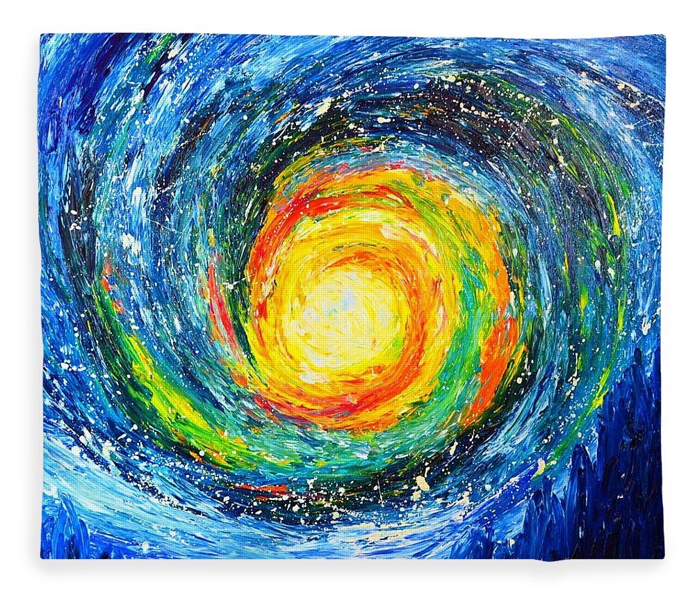 In A Deep Galaxy Here You Can See A Black Hole Becoming A Sun Fleece Blanket featuring the painting Black Hole Sun by Chiara Magni