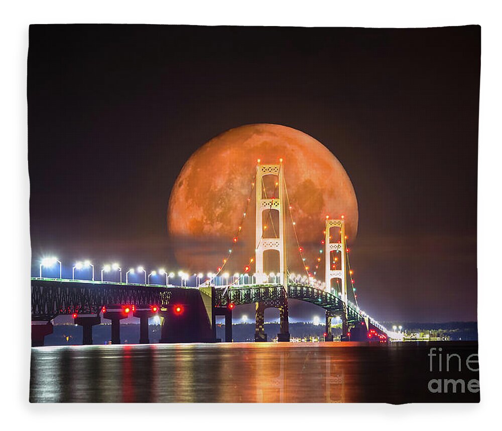 Mackinac Bridge Fleece Blanket featuring the photograph Blood Wolf Full Moon Mackinac Bridge Composite -3869 by Norris Seward