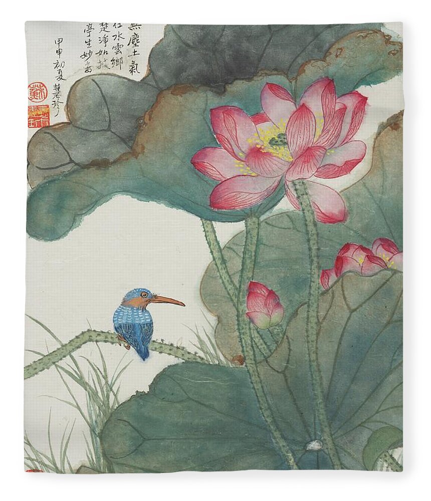 Chinese Watercolor Fleece Blanket featuring the painting Jade Bird and Lotus Flowers by Jenny Sanders