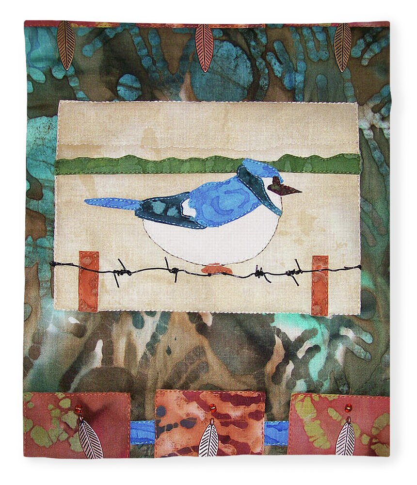 Art Quilt Fleece Blanket featuring the tapestry - textile Blue Bird by Pam Geisel