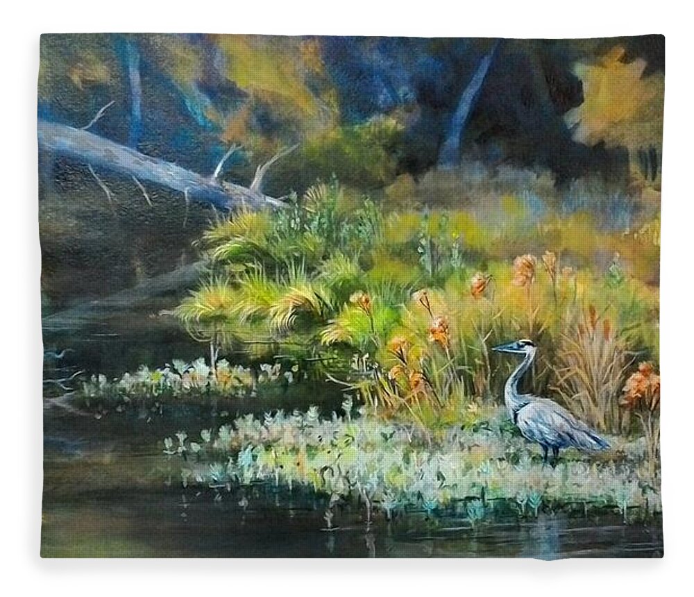 Blue Heron Fleece Blanket featuring the painting Blue Heron, Beyond the Bridge by Cynthia Westbrook