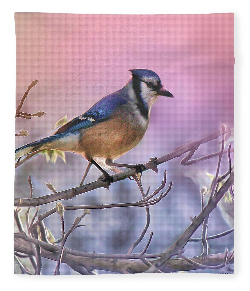 Bird Fleece Blanket featuring the digital art Blue Jay in a Pear Tree by Bonnie Willis