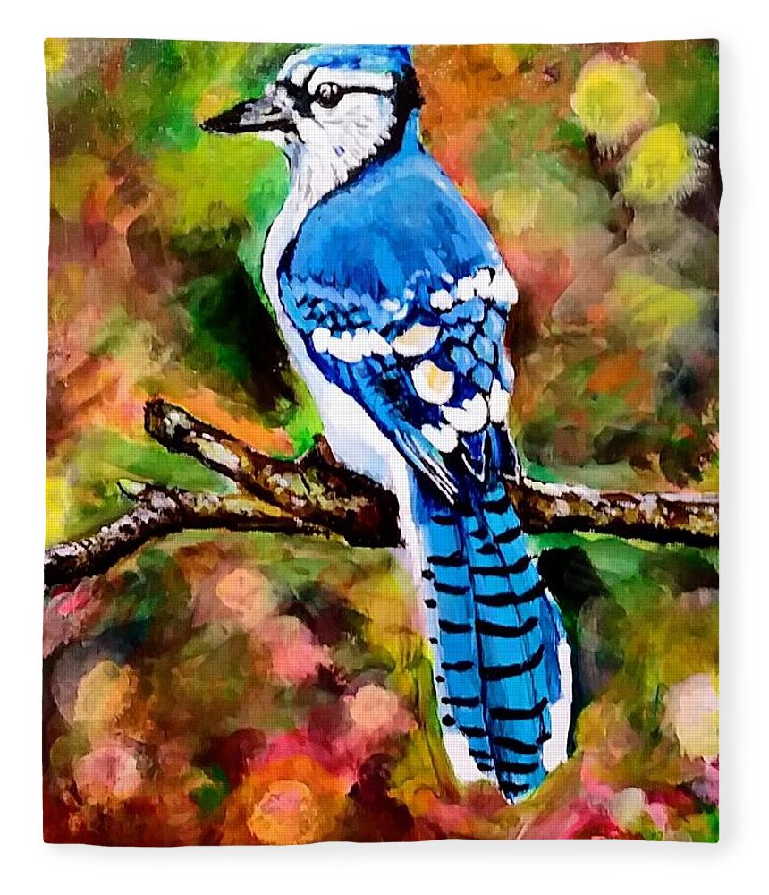 Bird Fleece Blanket featuring the painting Blue Jay by Mike Benton
