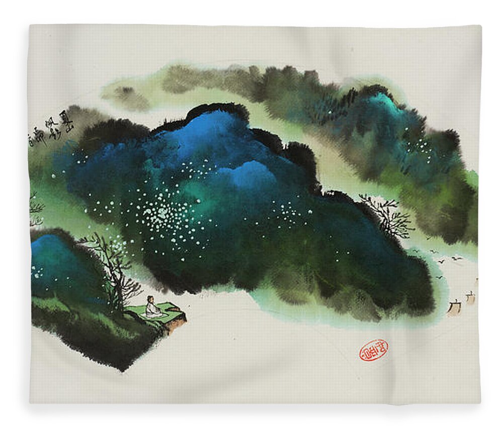 Chinese Watercolor Fleece Blanket featuring the painting Morning Fog Along the Coast by Jenny Sanders
