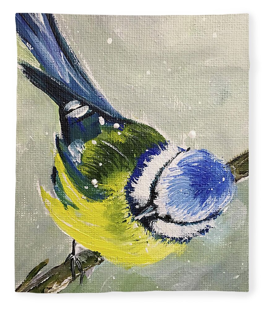 Bird Fleece Blanket featuring the painting Blue Tit in Snow by Roxy Rich