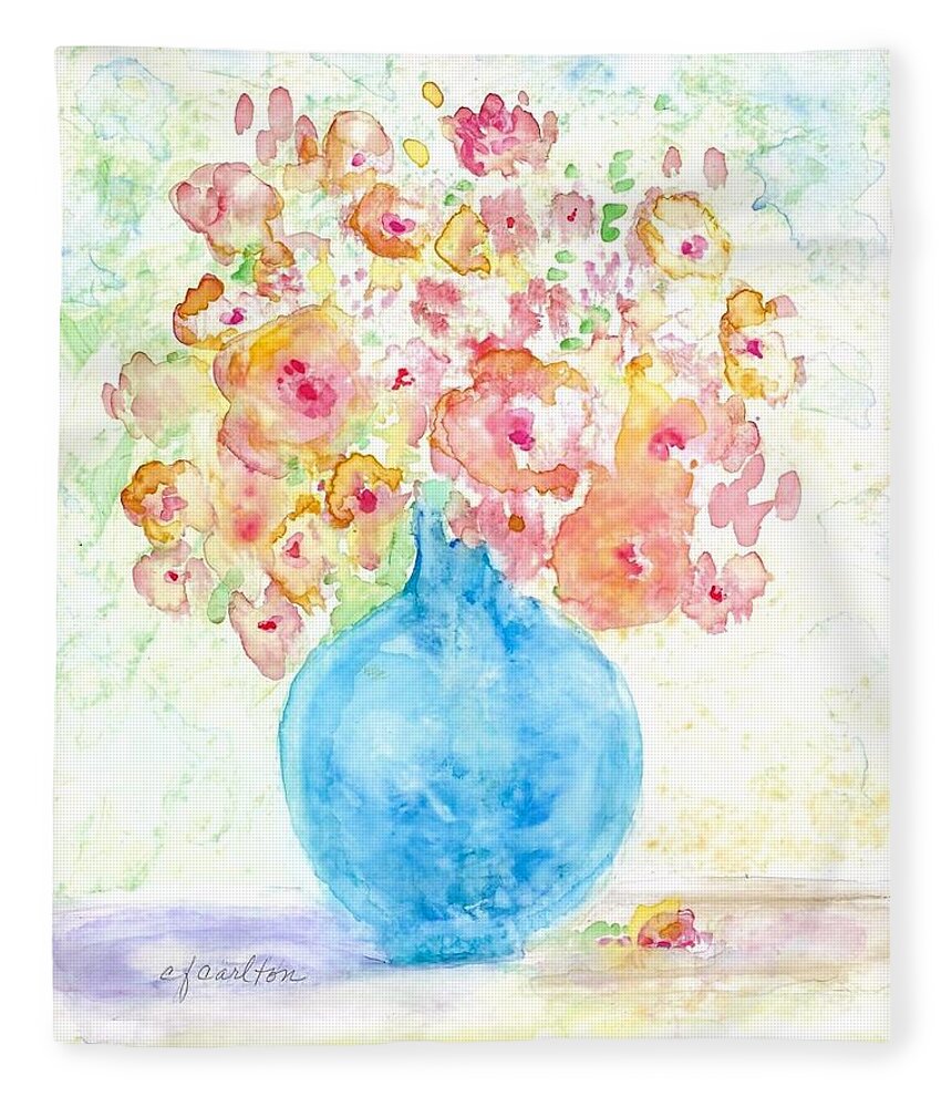 Blue Fleece Blanket featuring the painting Blue Vase with Flowers by Claudette Carlton