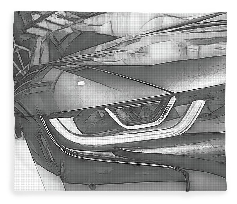Bmw Fleece Blanket featuring the digital art BMW i8 Front Abstract Black and White Sketch by Rick Deacon