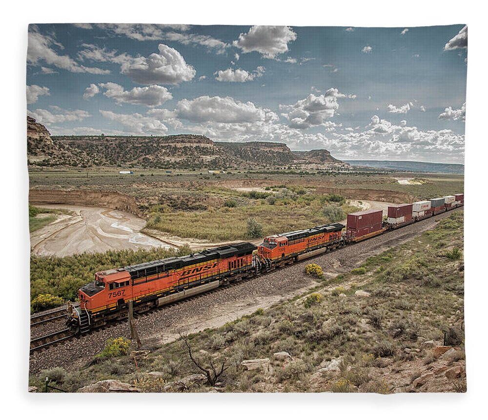Railroad Fleece Blanket featuring the photograph BNSF 7567 and 7209 at Continental Divide New Mexico by Jim Pearson