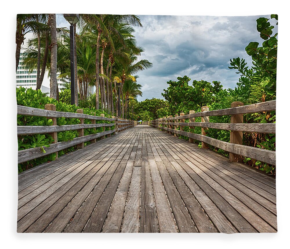 Boardwalk Fleece Blanket featuring the photograph Boardwalk in Miami Beach by Alison Frank
