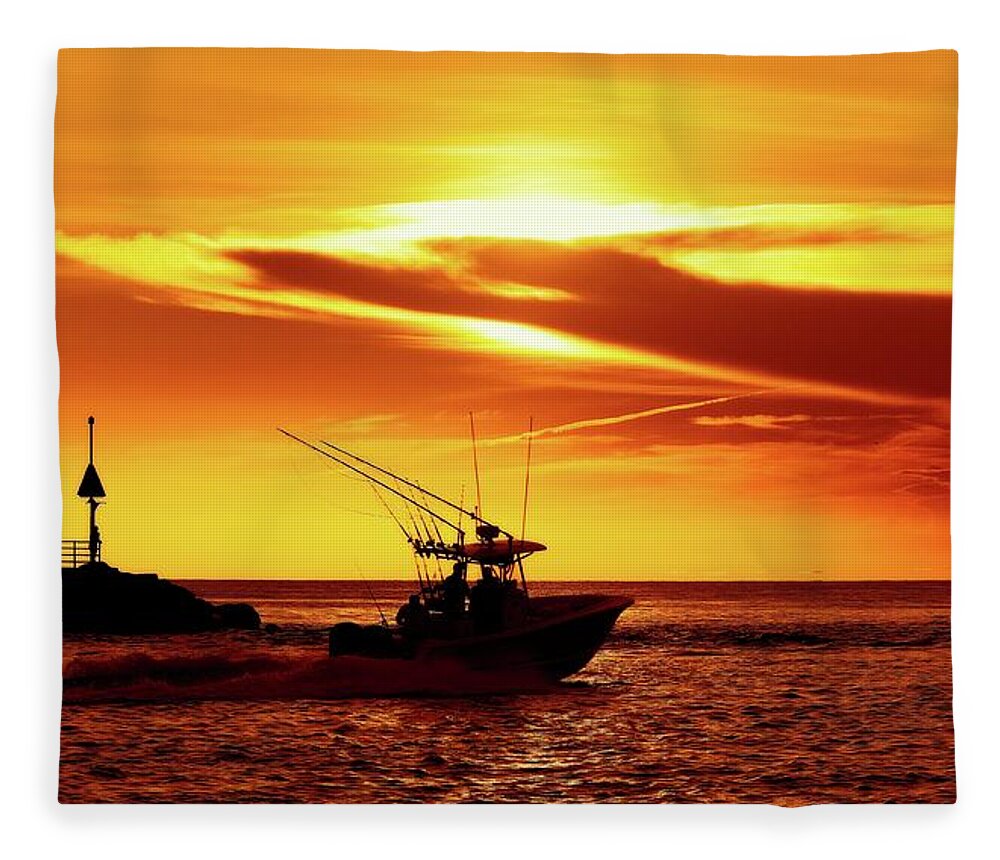 Jupiter Fleece Blanket featuring the photograph Boat Headed Out of Jupiter Inlet by Steve DaPonte