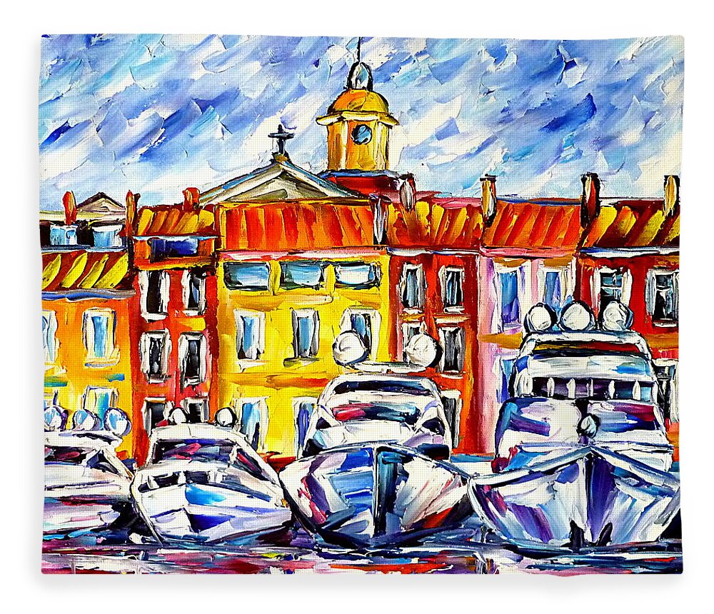 I Love St Tropez Fleece Blanket featuring the painting Boats Of St. Tropez by Mirek Kuzniar