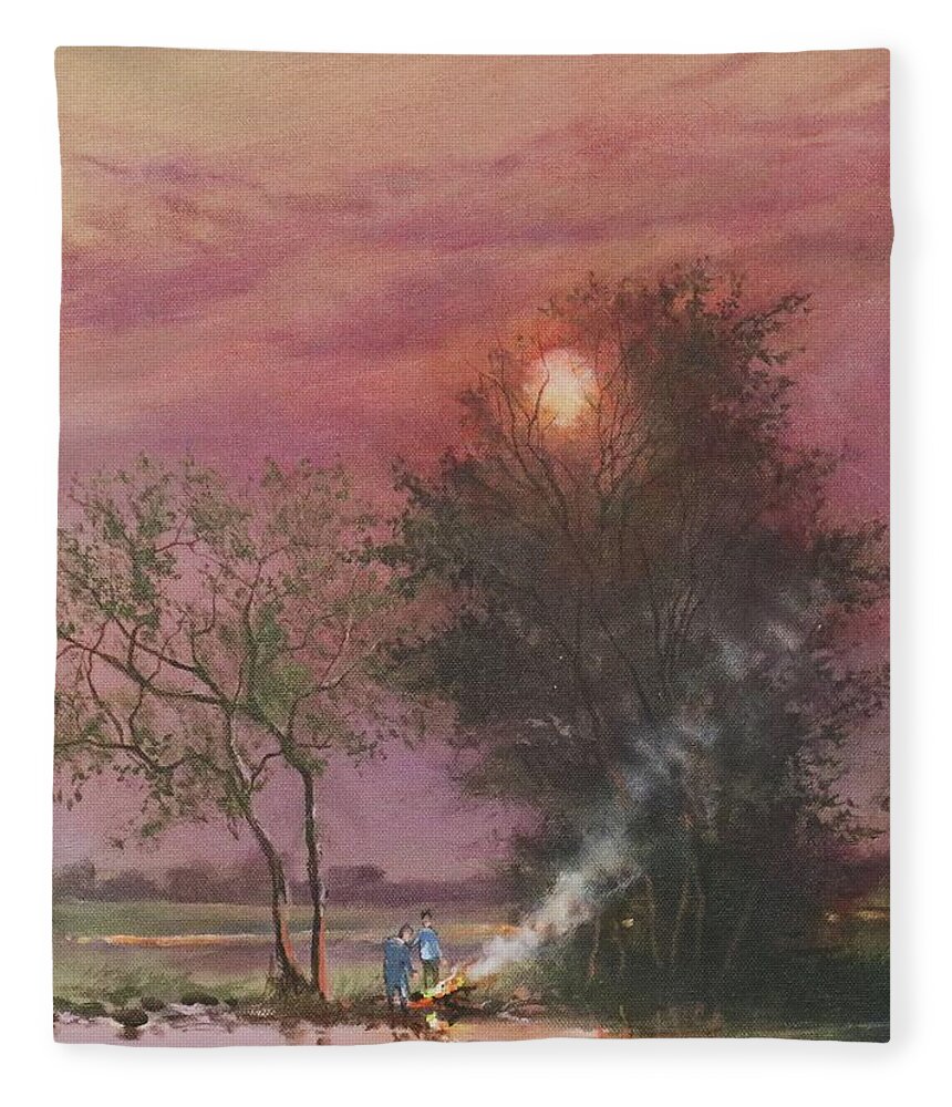 ; Bonfire Fleece Blanket featuring the painting Bonfire By The Creek by Tom Shropshire
