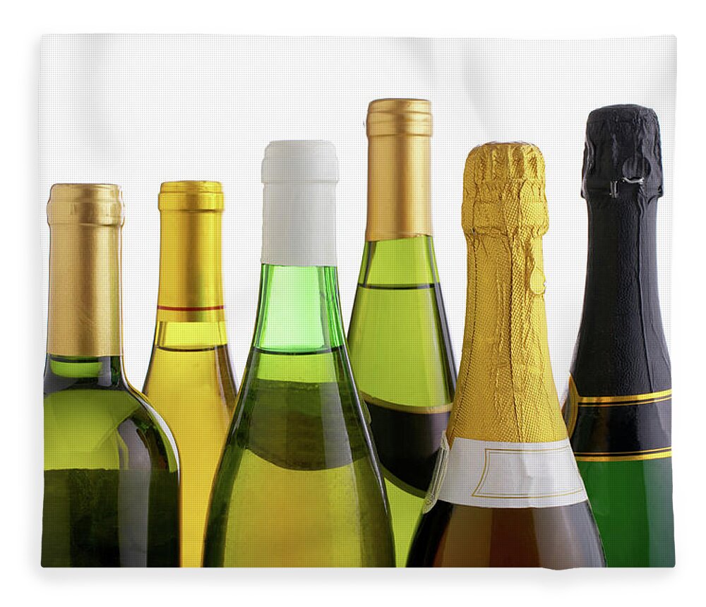 White Background Fleece Blanket featuring the photograph Bottles Of White Wine And Champagne by Mistikas
