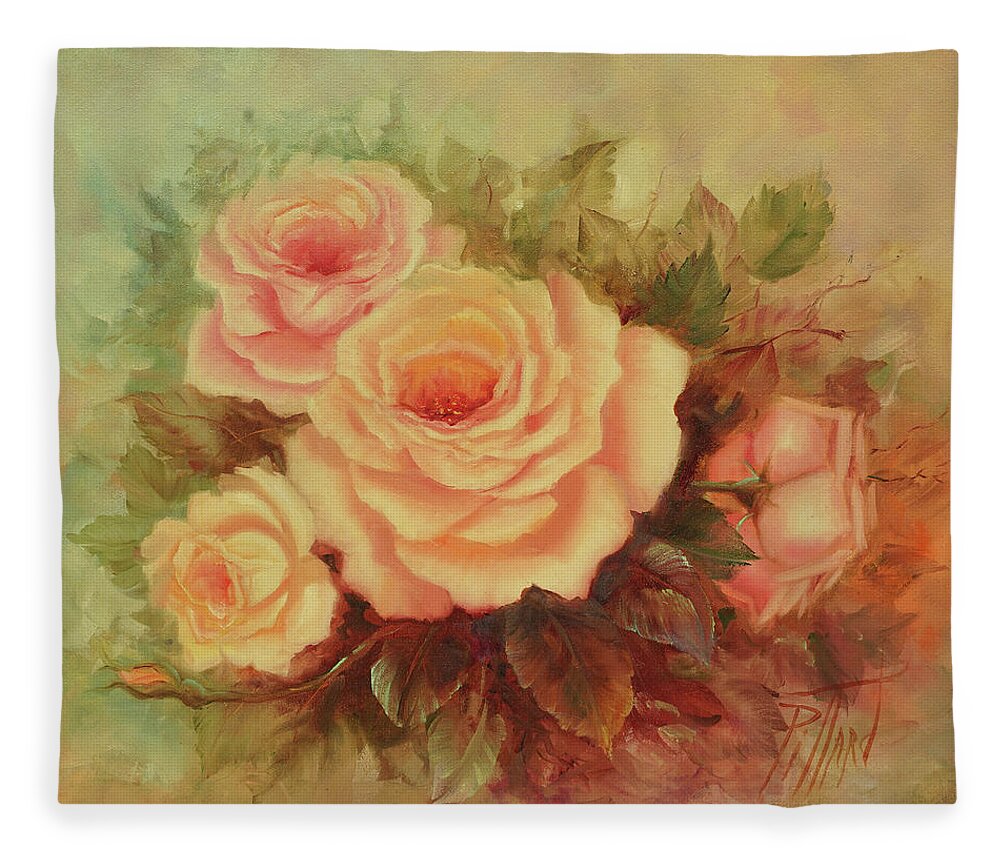 Roses Fleece Blanket featuring the painting Cluster of Soft Pink Roses. by Lynne Pittard