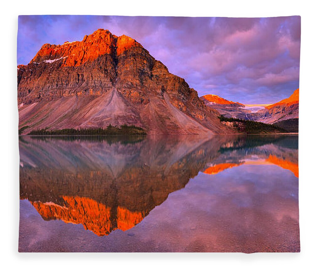Bow Lake Fleece Blanket featuring the photograph Bow Lake Summer Sunrise Reflections by Adam Jewell