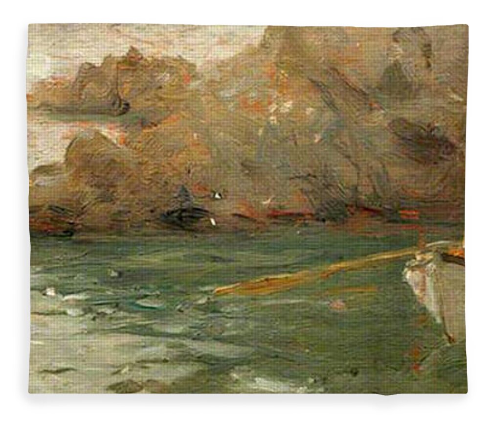 Henry Scott Tuke Fleece Blanket featuring the painting Boy Rowing Out From a Rocky Shore by Henry Scott Tuke