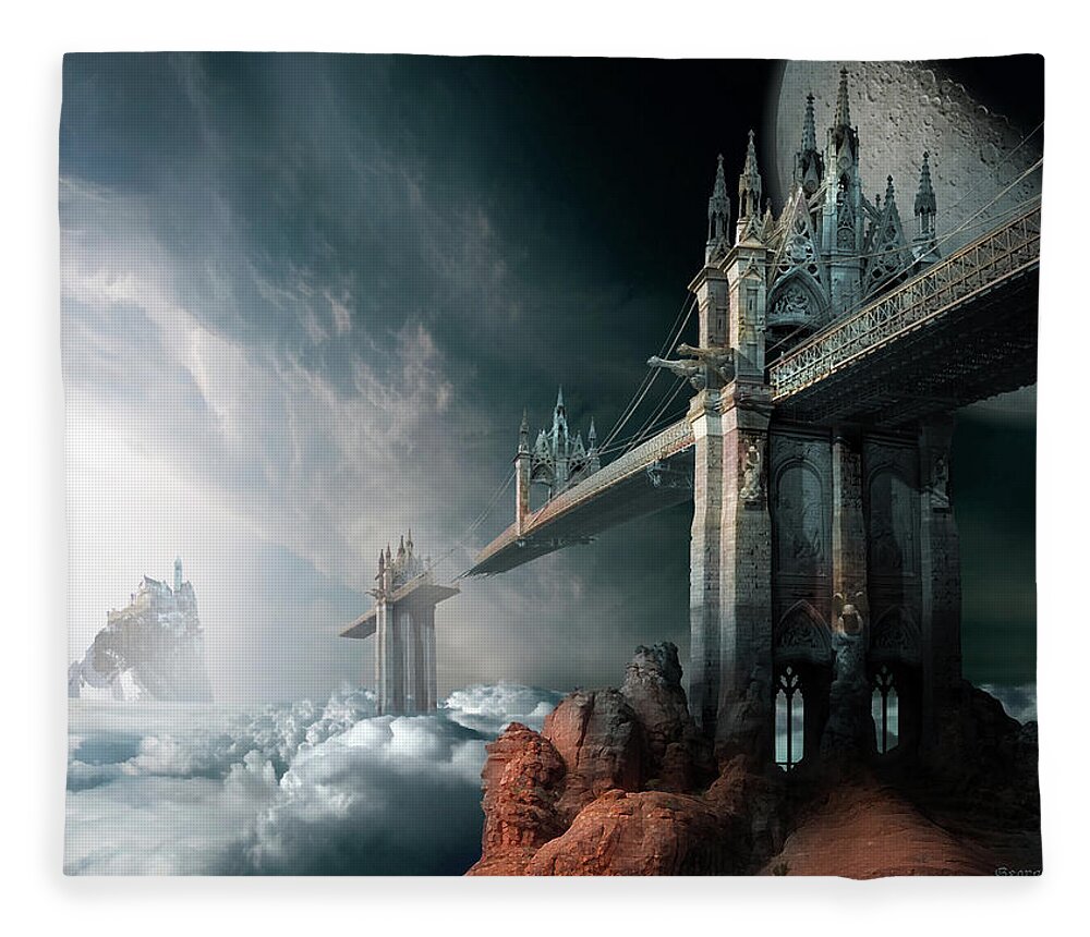 Sky Clouds Rainbow Bridge Haven Gothic Architecture Broken Island Moon Fleece Blanket featuring the digital art Bridges to the Neverland by George Grie