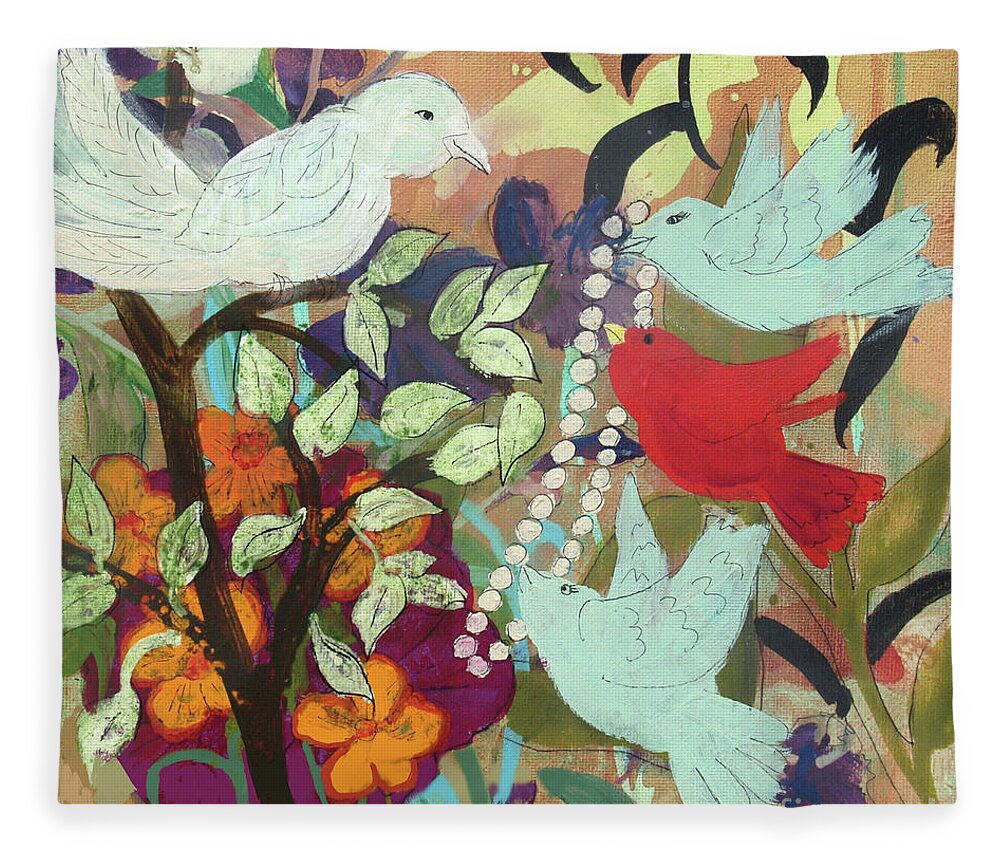 Birds Fleece Blanket featuring the painting Bringin' Momma Beads by Robin Pedrero