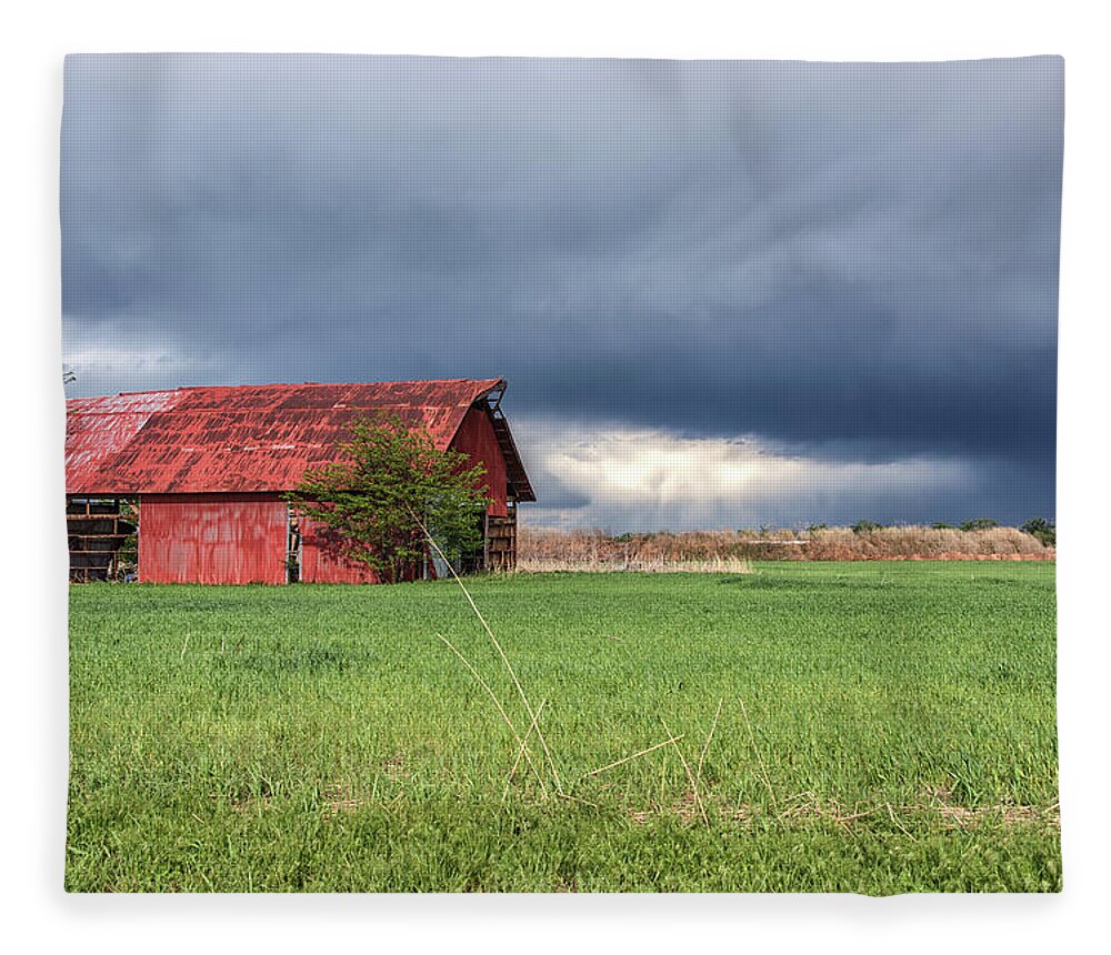 Broken Fleece Blanket featuring the photograph Broken Arrow OK Red Barn Storm by Bert Peake