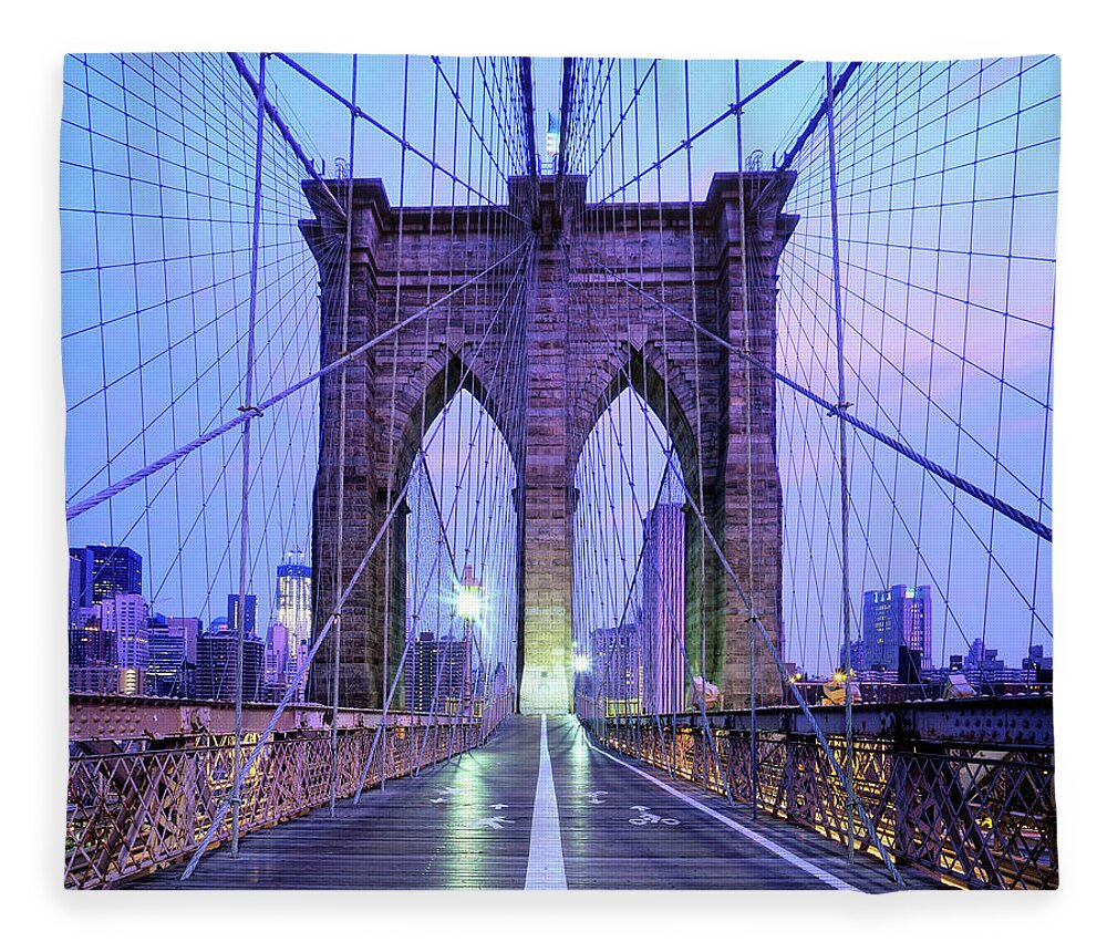 Arch Fleece Blanket featuring the photograph Brooklyn Bridge Walkway At Dawn, New by Andrew C Mace