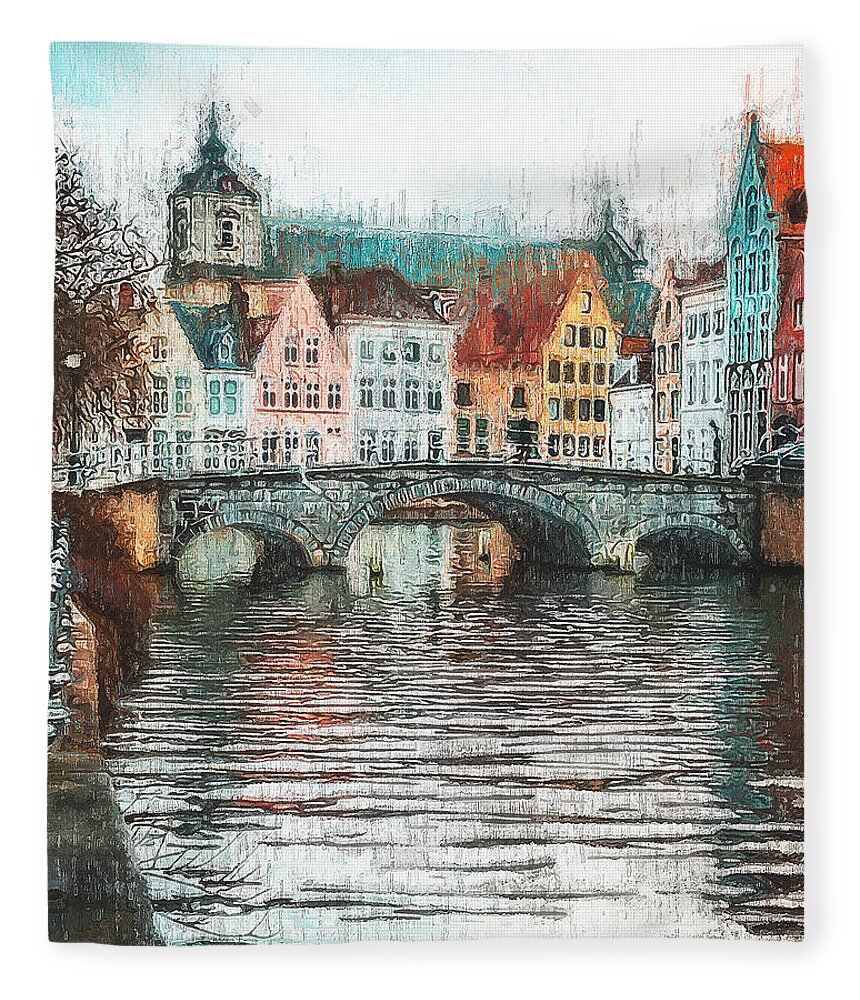 Belgium Fleece Blanket featuring the painting Bruges, Belgium - 02 by AM FineArtPrints
