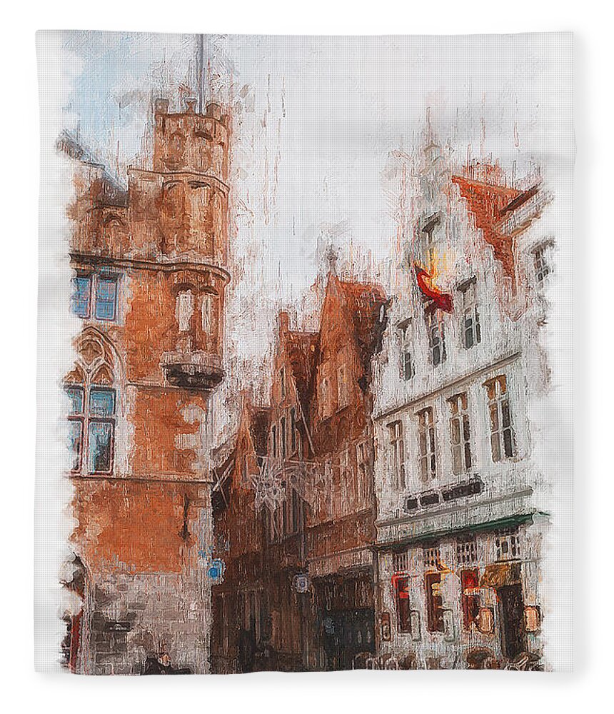 Belgium Fleece Blanket featuring the painting Bruges, Belgium - 03 by AM FineArtPrints