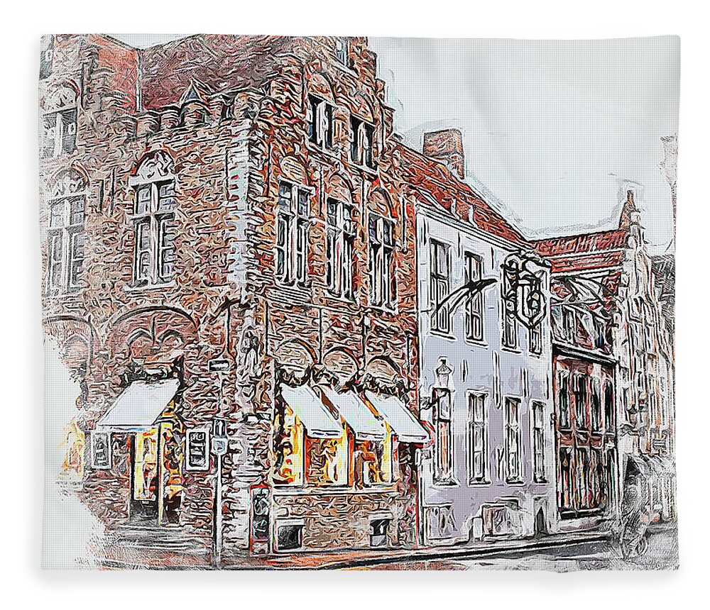 Belgium Fleece Blanket featuring the painting Bruges, Belgium - 04 by AM FineArtPrints