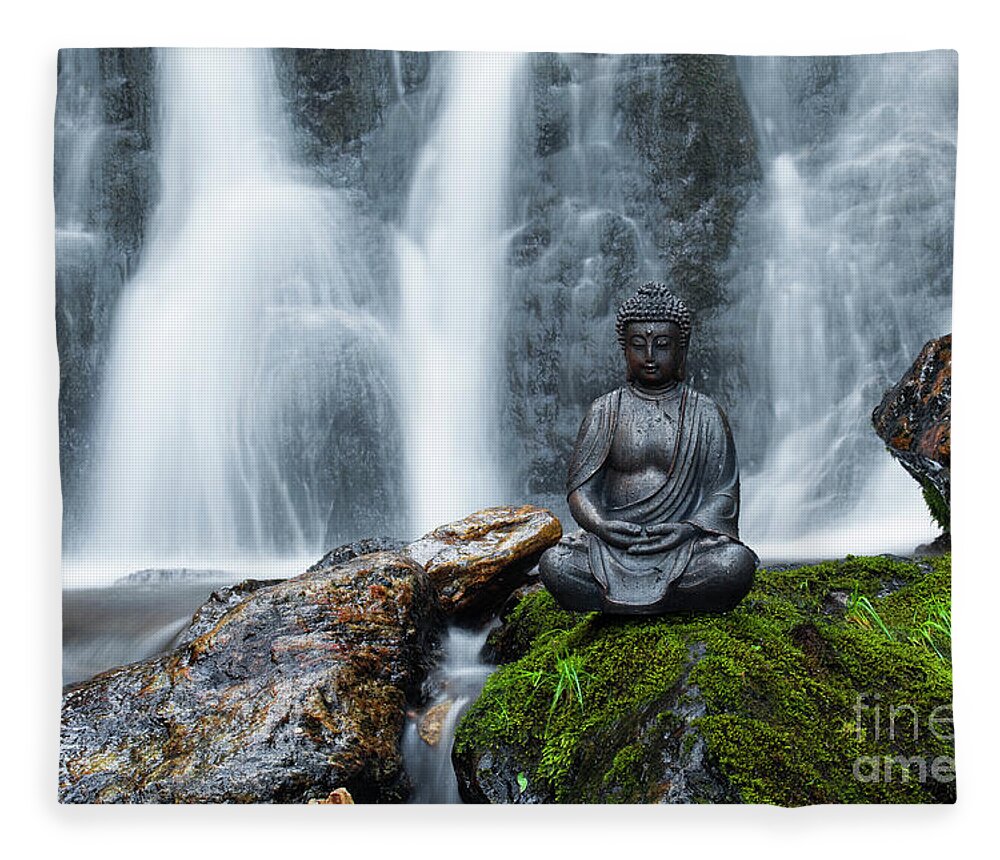Buddha in front of waterfall Blanket by Juergen Wiesler - Pixels