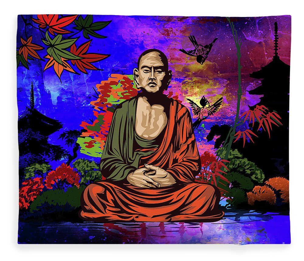 Buddhist Fleece Blanket featuring the digital art Buddhist monk. by Andrzej Szczerski
