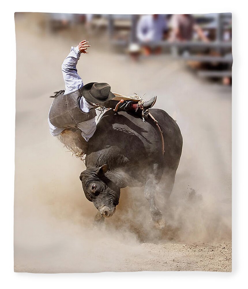 Rodeo Fleece Blanket featuring the photograph Bull riding, rodeo by Delphimages Photo Creations