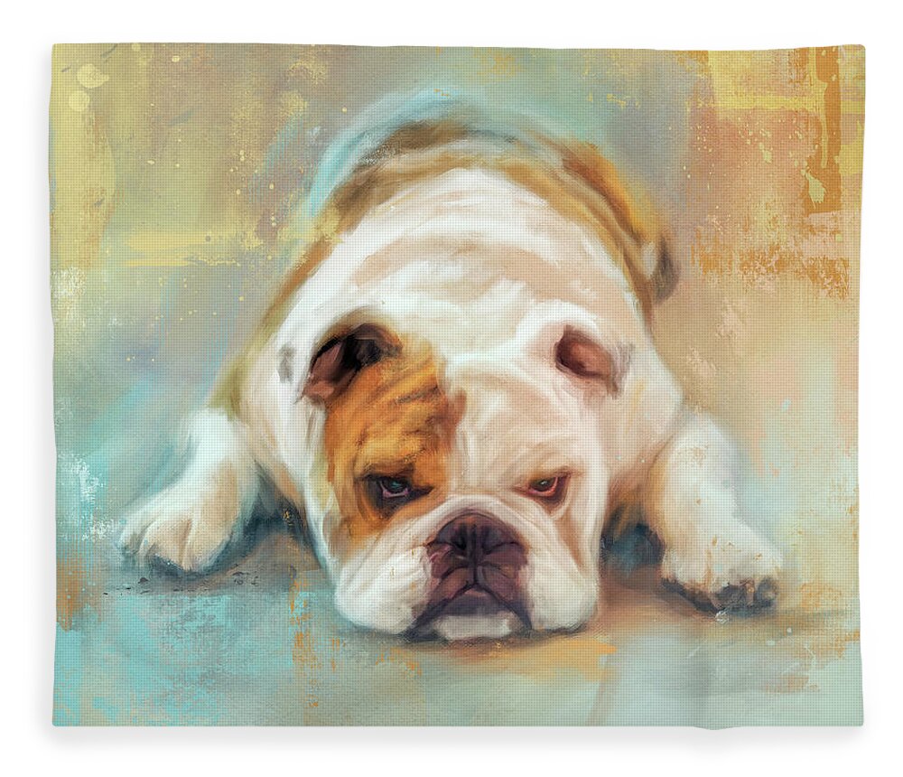 Colorful Fleece Blanket featuring the painting Bulldog With The Blues by Jai Johnson