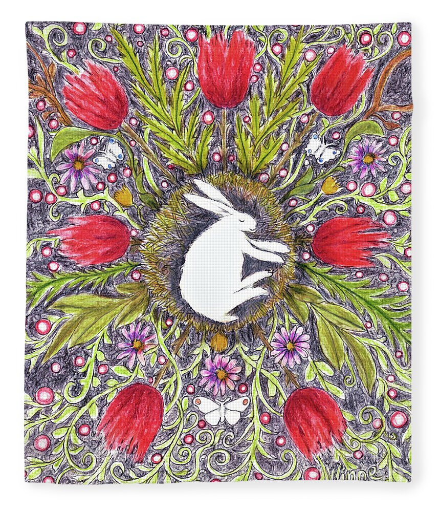 Lise Winne Fleece Blanket featuring the mixed media Bunny Nest with Red Flowers Variation by Lise Winne