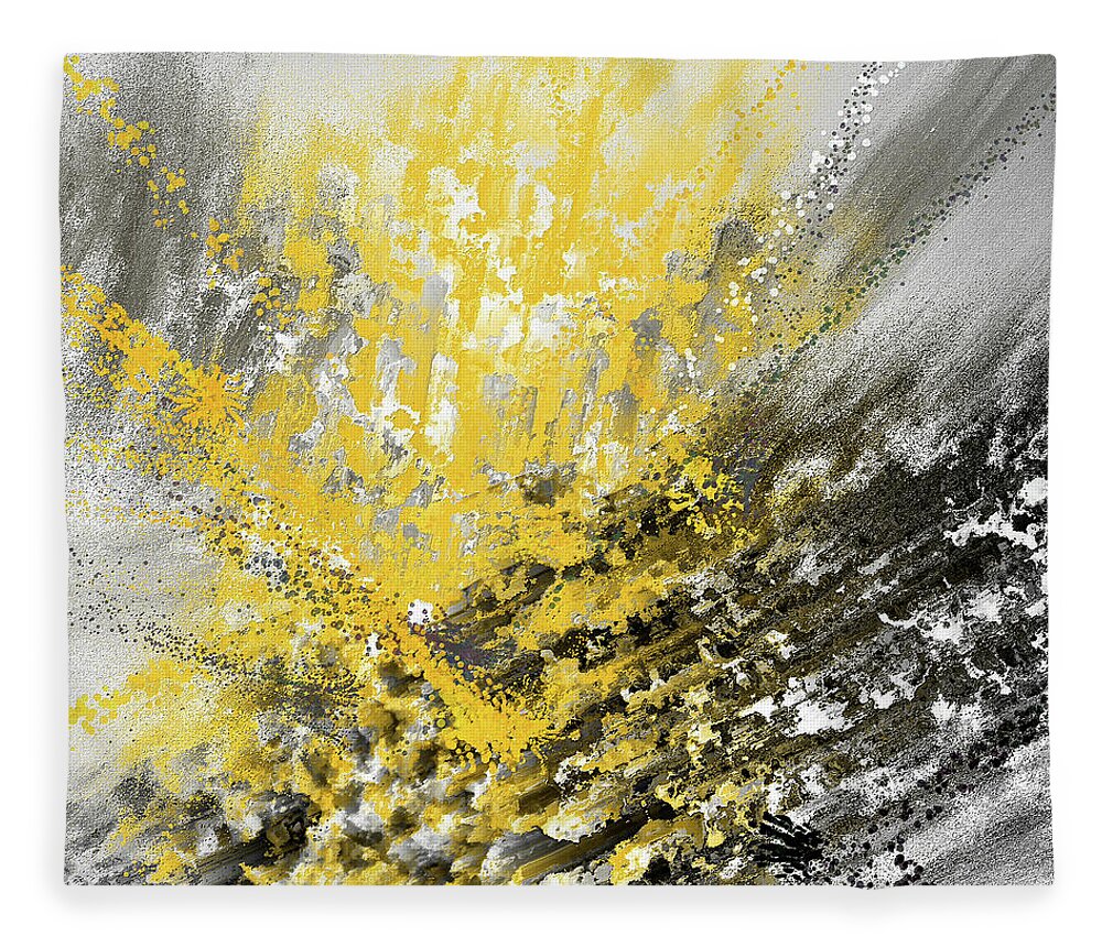 Yellow Fleece Blanket featuring the painting Burst Of Sun - Yellow And Gray Contemporary Art by Lourry Legarde