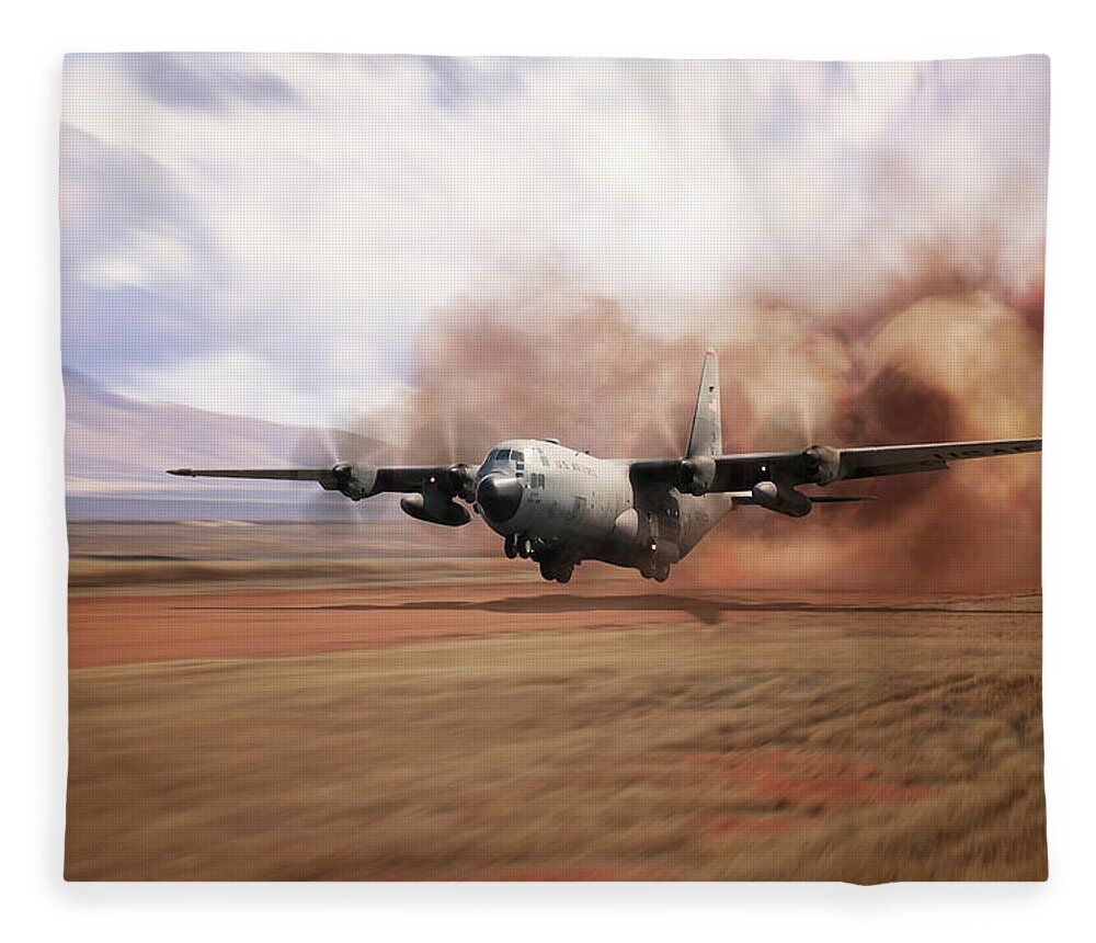 C-130 Hercules Fleece Blanket featuring the digital art C130 Dirt Strip Landing by Airpower Art