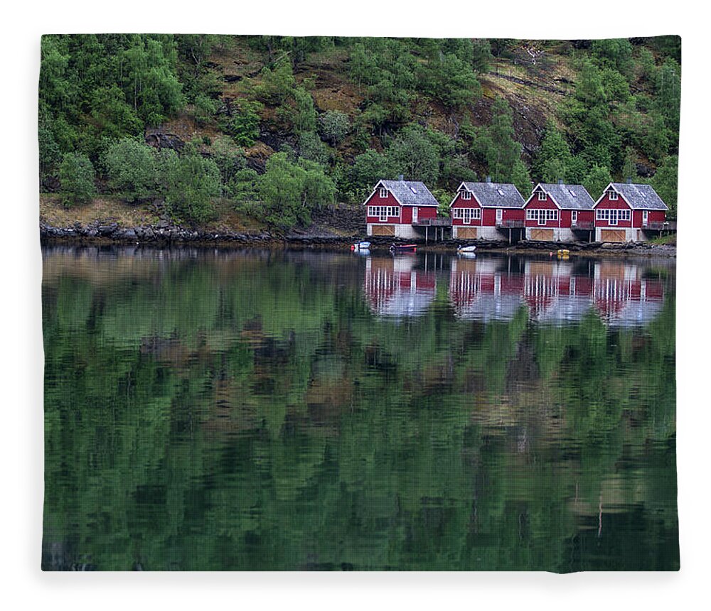 Tranquility Fleece Blanket featuring the photograph Cabins On Sognefjord by Christian Wilt
