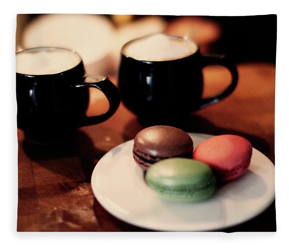 Breakfast Fleece Blanket featuring the photograph Caffe Macchiato With Macaron by Pete Barr-watson