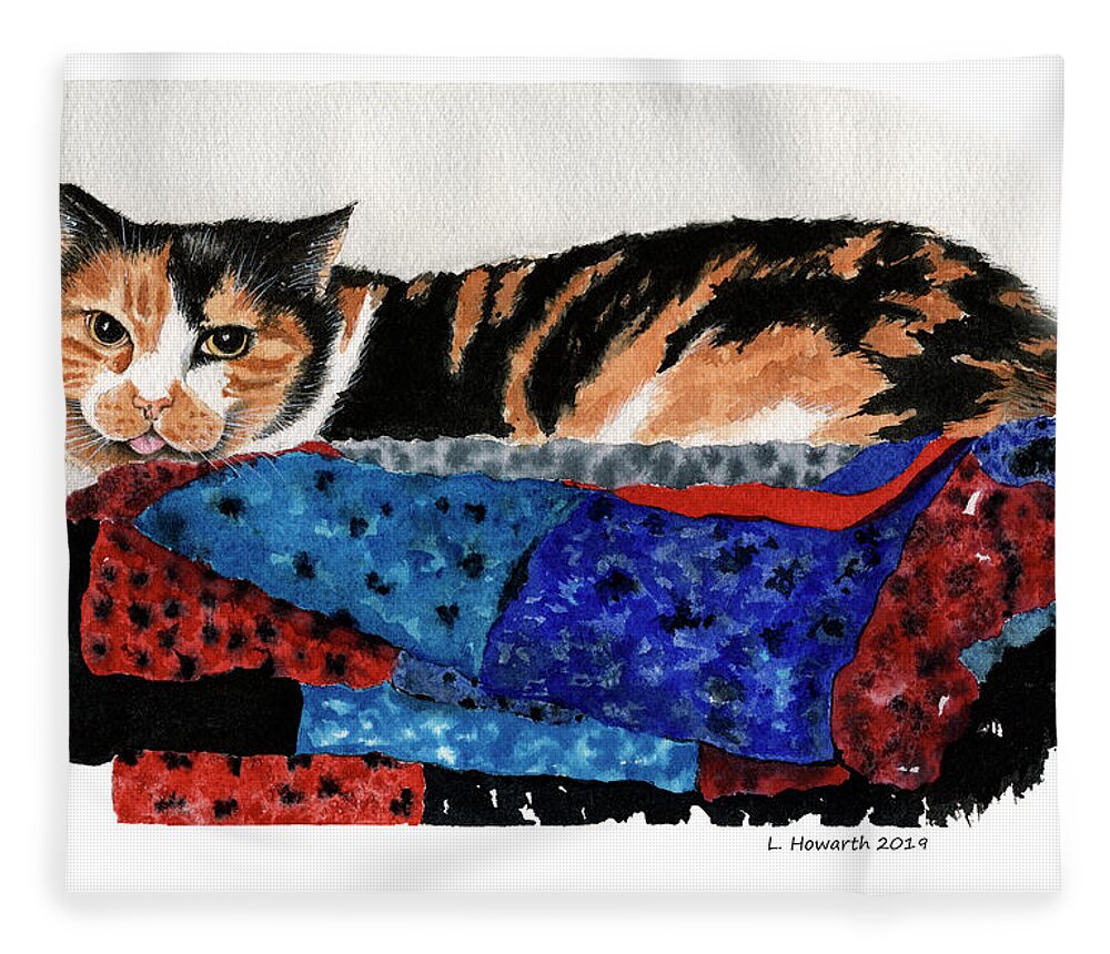 Cat Fleece Blanket featuring the painting Calico Cutie by Louise Howarth
