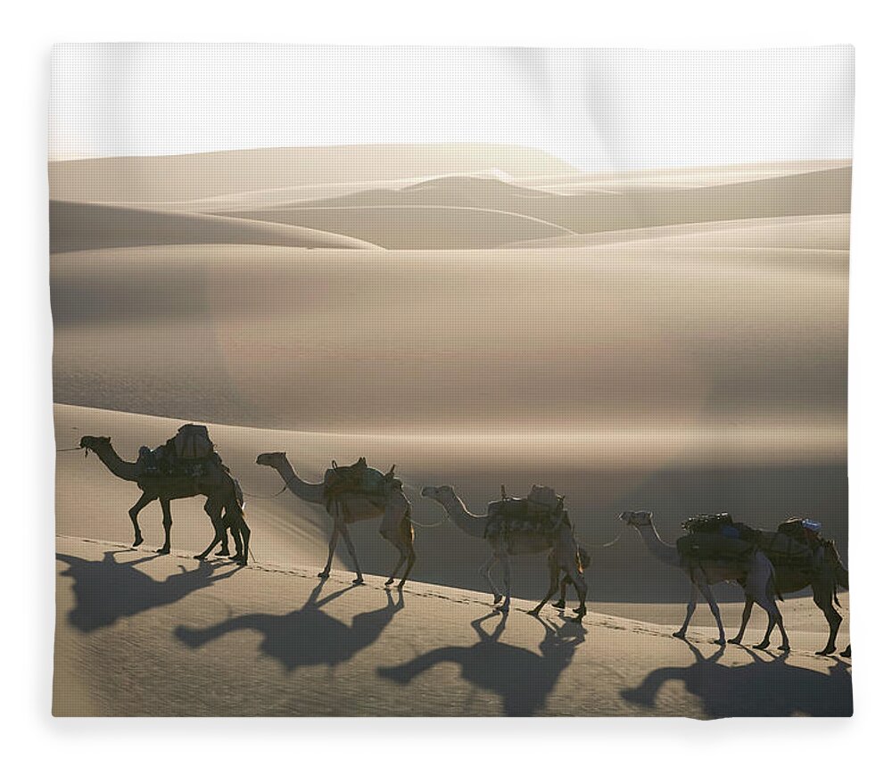 Scenics Fleece Blanket featuring the photograph Camel Caravan In The Namib Desert by Per-anders Pettersson