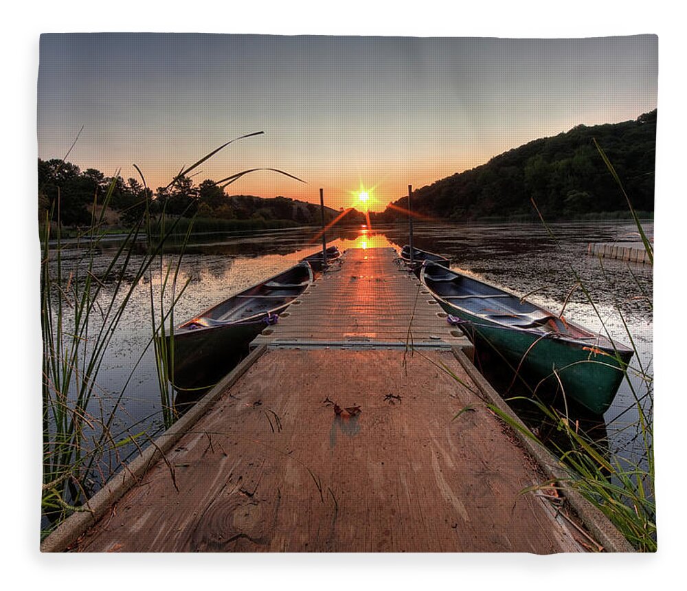 Outdoors Fleece Blanket featuring the photograph Canoes On The Dock At Sunrise by Rhyman007