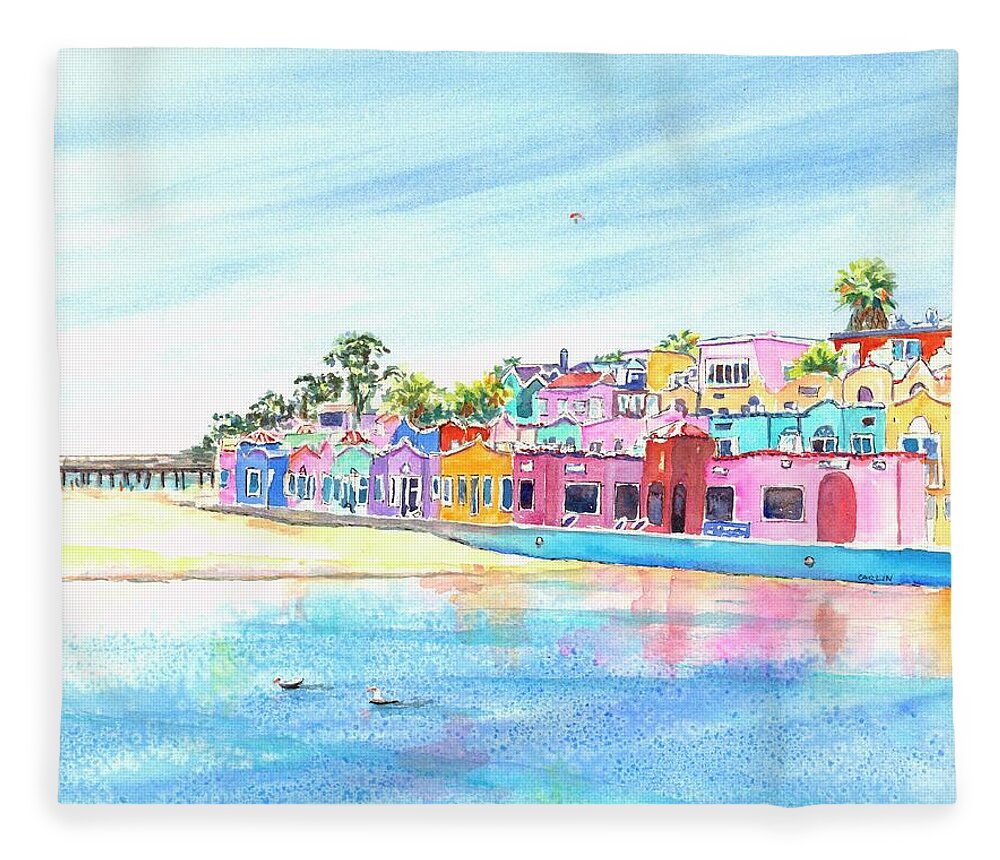 Capitola Fleece Blanket featuring the painting Capitola California Colorful Houses by Carlin Blahnik CarlinArtWatercolor