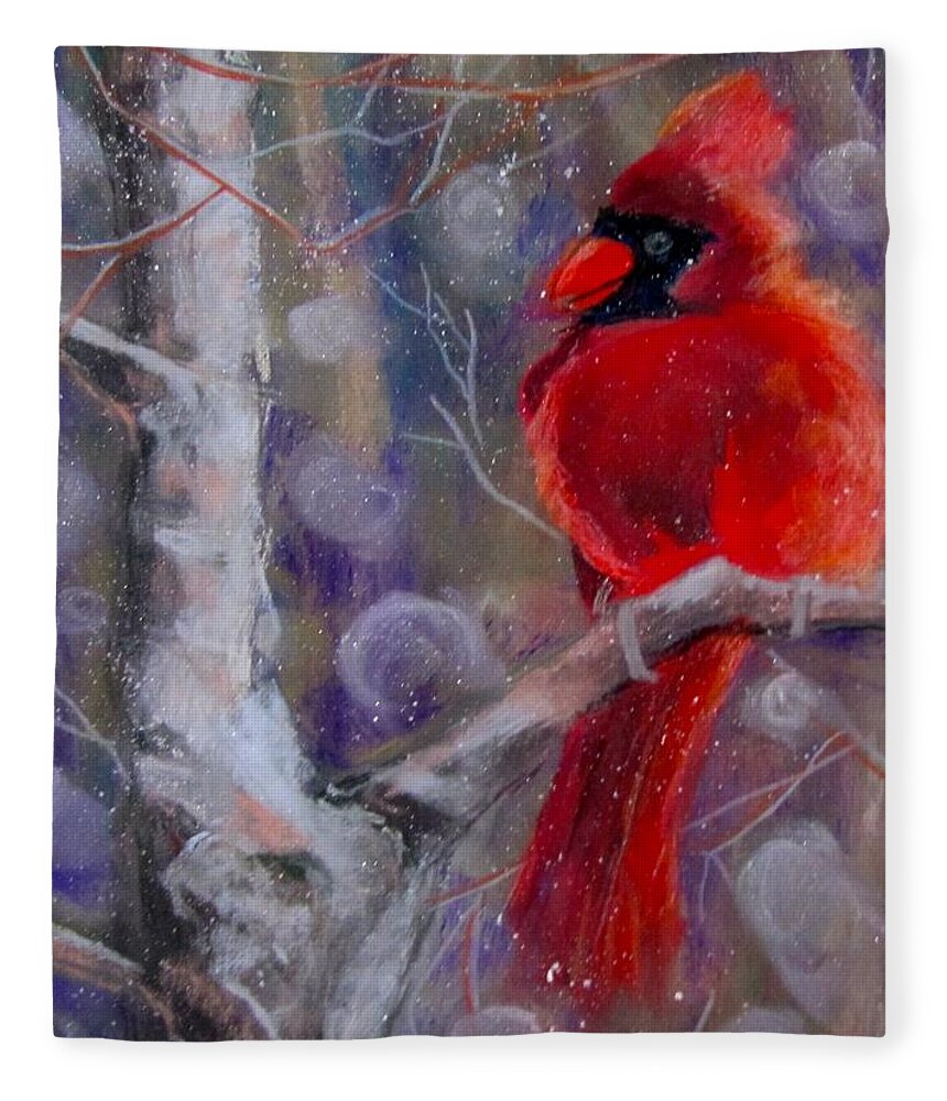 Bird Fleece Blanket featuring the pastel Cardinal in the snow by Barbara O'Toole