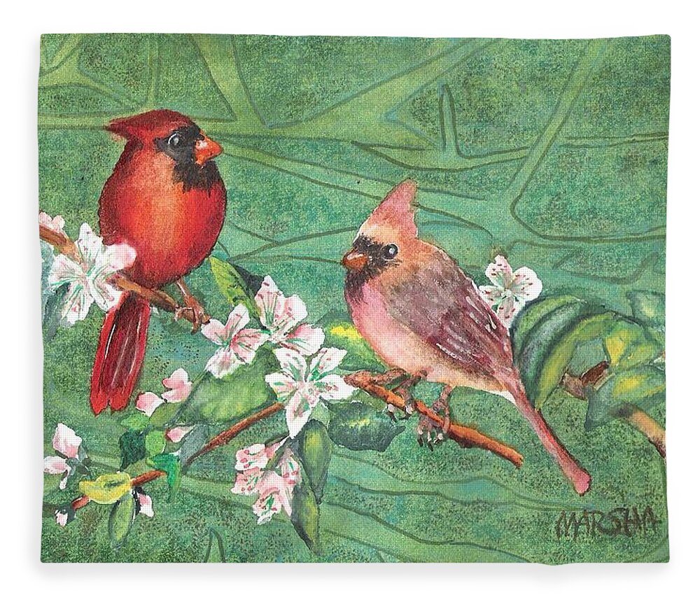 Nature Fleece Blanket featuring the painting Cardinals and Blossoms by Marsha Woods