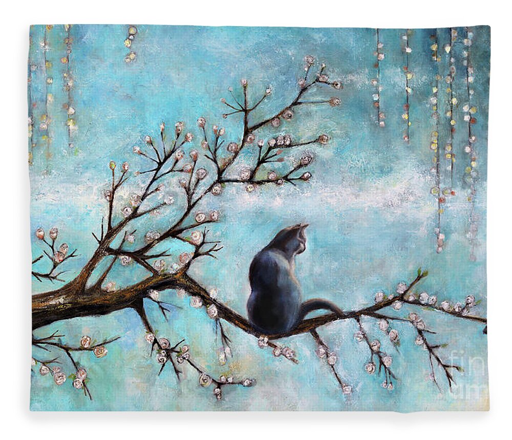 Cat Fleece Blanket featuring the painting Cat and Crow by Manami Lingerfelt