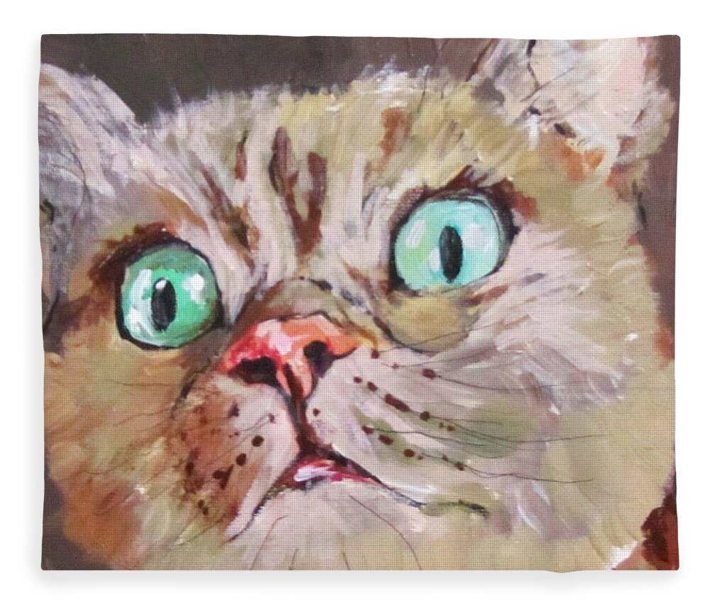 Cat Fleece Blanket featuring the painting CAT What do you see by Barbara O'Toole