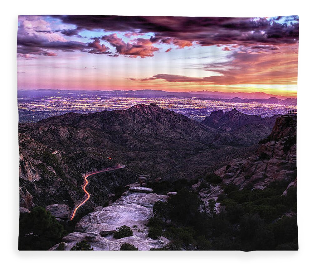 Tucson Fleece Blanket featuring the photograph Catalina Highway Sunset and Tucson City Lights by Chance Kafka