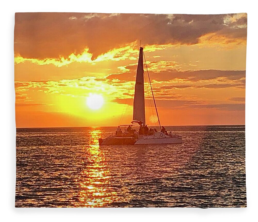 Beach Fleece Blanket featuring the photograph Catamaran Sailing Past Sunset in Captiva Island Florida 2019 by Shelly Tschupp