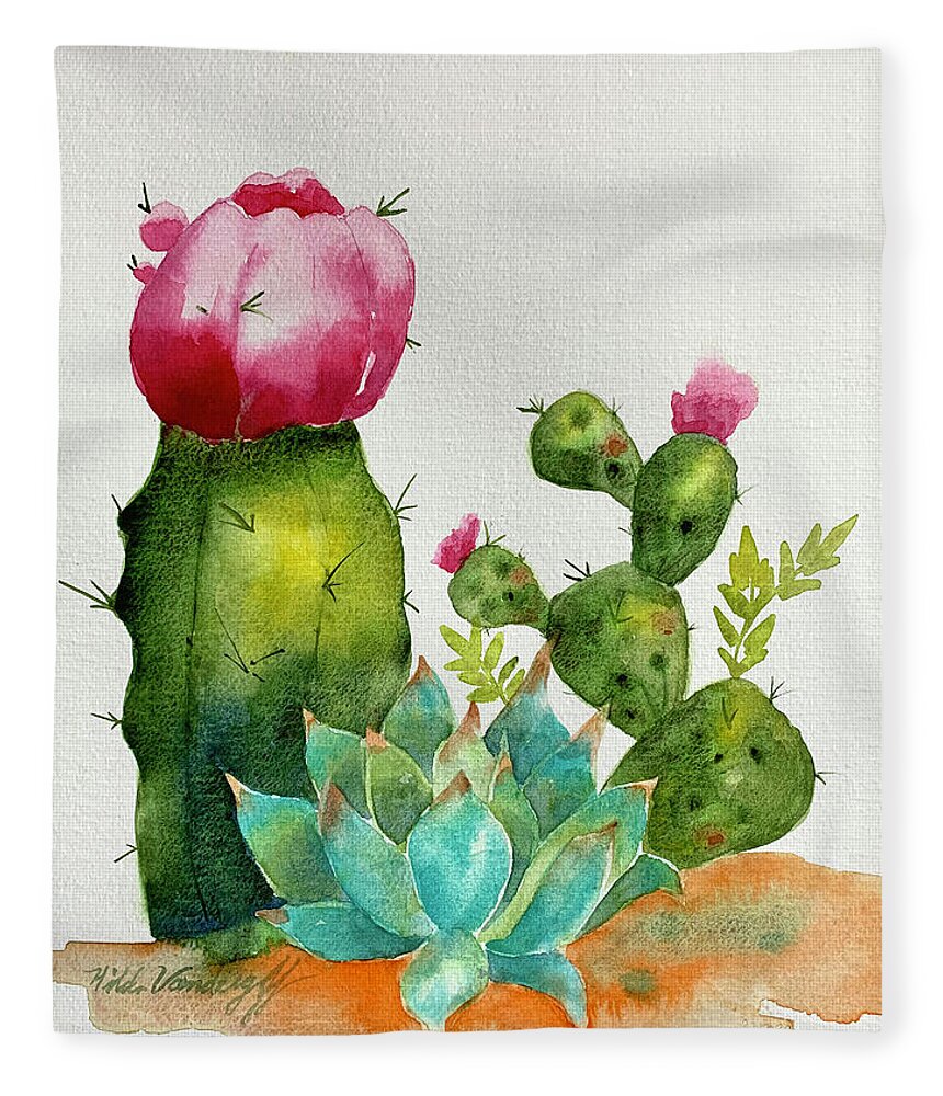 Cactus Fleece Blanket featuring the painting Cactus by Hilda Vandergriff