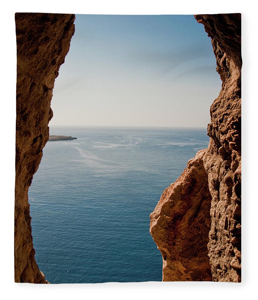 Seascape Fleece Blanket featuring the photograph Cave With Seascape In Menorca by Artur Debat