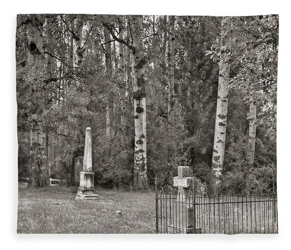 Cataldo Idaho Fleece Blanket featuring the photograph Cemetery at Cataldo Mission BW by Cathy Anderson